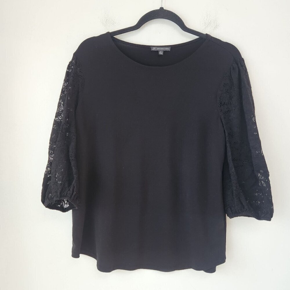 Adrianna Papell Black Lace Puff Sleeves Blouse Top Shirt Women's M